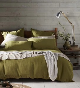 Ensemble de housse de couette en lin vert uni 3 pièces, tissé, écologique, pour usage domestique, lavable en machine, style pastoral - Product Image 1