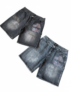 Shorts en jean streetwear personnalisés pour hommes, coupe ample, en denim épais, avec lavage vintage et design multi-graphe - Product Image 1