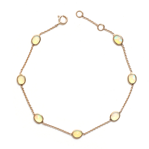 Natural Iridescent Opal Station <b>Bracelet</b> in Solid 18K Yellow Gold Bezel Set <b>Gemstone</b> Floating Chain Luxury October Birthstone - Product Image 1
