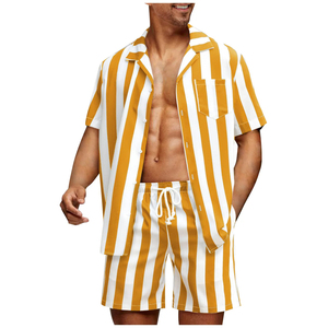 Nouvel ensemble décontracté 2 pièces en satin 100 % coton pour homme, style streetwear, short et chemise assortis pour l'été - Product Image 1