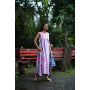 Vestido Maxi sin Mangas a Rayas Rosa y Blanco para Mujer, Corte Holgado Informal, Estilo Línea A, Ligero, para Vacaciones y Uso Diario, 100% - Product Image 6