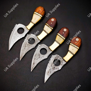 Handmade Damascus Steel Drop Point Finger Hole Serrated Edge DIY Camping Skinner Knife Leather Sheath High Quality Razor Sharp - Product Image 4