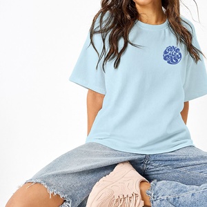 Fashionable Women Light Blue Shoulder Drop Crew Neck <b>T</b>-<b>Shirt</b> 100% Cotton Short Sleeve Casual Cartoon Print Regular Fit Spring - Product Image 4
