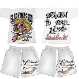 BlackHearted Streetwear <b>Knitted</b> TShirt Shorts <b>Set</b> Skull Print Crew Neck Summer Casual Unisex White Cotton Breathable Drawstring - Product Image 1