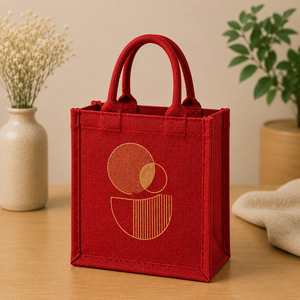 Red Jute Tote <b>Bag</b> With Geometric Design 12x6x12.5 Inches Handle Drop 4.5 Inches - Product Image 1
