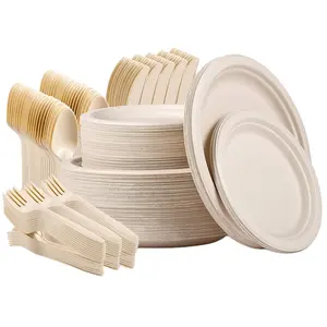 Oem Wegwerp Biologisch Afbreekbaar Servies Set 7 Inch Suikerriet Bagasse Bestek Voor Restaurant