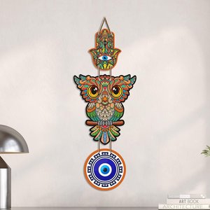 Sculpture murale hibou coloré œil porte-bonheur Art Déco en MDF pour entrée de maison, charme porte-bonheur Vastu - Product Image 2