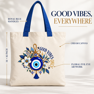 Sac fourre-tout en toile crème imprimé œil maléfique avec poignées bleues |   Sac de courses réutilisable en coton pour femmes, impression personnalisée, vente en gros, qualité supérieure - Product Image 5