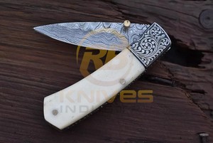 Premium Handmade Damascus Steel Folding <b>Knife</b> with Natural <b>Bone</b> <b>Handle</b> Outdoor Pocket <b>Knife</b> - Product Image 3
