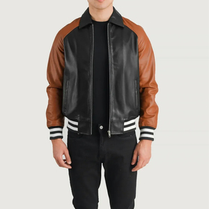 Veste en cuir pour homme, couleur noire et marron, avec fermeture éclair, col rabattu, coupe classique, pour l'automne - Product Image 3
