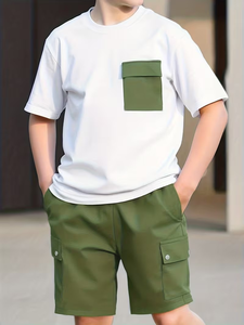 Nouvelle collection d'été Ensemble de shorts cargo décontractés en coton pour garçons avec t-shirt blanc et short vert multi-poches imprimé pour l'extérieur - Product Image 5
