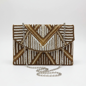 Pochette de soirée pour femme, motif géométrique perlé, avec chaîne, doublure en satin haut de gamme, sac de fête fait main, vente en gros, personnalisable - Product Image 1