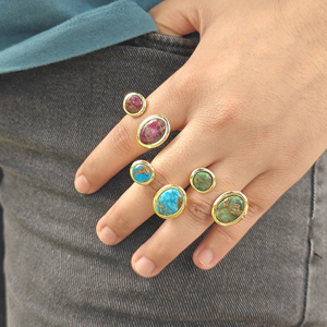 18k Gold Plated Brass <b>Adjustable</b> <b>Ring</b> Bezel Setting Gemstone Copper Turquoise Oval Shape Punk Style Women Fashion Jewelry Open - Product Image 2