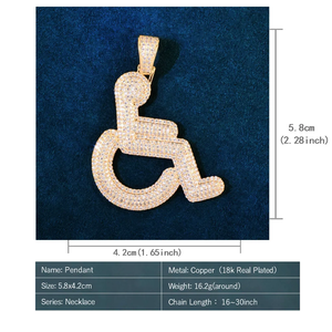 Handicap Sign Pendant Necklace Hip Hop Chain CZ Rapper Jewelry Iced Out Wheelchair Symbol Charm Gold <b>Silver</b> Bling Cuban <b>Choker</b> - Product Image 3