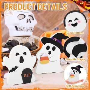 Set di vassoi in legno a 3 livelli per decorazioni di Halloween con gatto nero, pipistrello, scopa da strega e cartelli a forma di zucca - Product Image 4