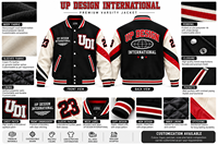 Veste universitaire noire personnalisée avec manches rouges et blanches, veste bomber brodée, fabricant de vêtements streetwear OEM, fournisseur en gros