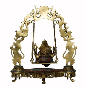 Best Selling Traditional Brass Ganpati Sculpture with Swing Jhula for <b>Mandir</b> Decoration or Festive Celebration for Sale - Product Image 5