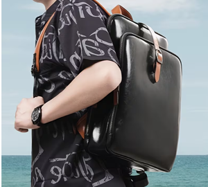 Leather <b>Backpack</b> <b>Black</b> With Brown Straps <b>Men</b> Women Daily Use Travel Bag Multi Pocket Design Classic Leather <b>Backpack</b> with - Product Image 1