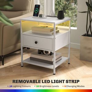 Set of 2 White LED-Light <b>Side</b> <b>Tables</b> with Charging Stations <b>Drawer</b> and Shelves for Living Room End <b>Tables</b> - Product Image 5