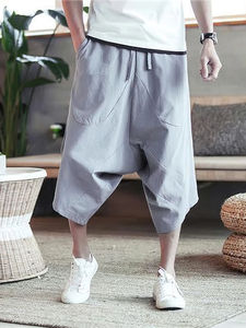 Summer Breathable Solid Beach Polyester/Nylon Canvas High Street Style Casual Elastic Waist <b>Men's</b> Wide Leg <b>Baggy</b> Capris Sport - Product Image 3