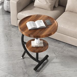 Table d'appoint ronde à 2 niveaux en bois d'acacia massif naturel avec cadre en métal courbé noir pour salon, chambre à coucher, hôtel - Product Image 5