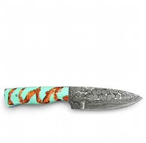Herramienta de campo artesanal de acero damasco con diseño de gota de lluvia y mango de madera de resina verde turquesa - Product Image 4