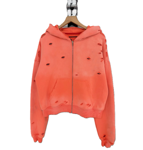 Men's Gradient Coral Distressed <b>Zip</b> <b>up</b> Hoodie Cropped Destroyed Streetwear Grunge Oversized Sweatshirt <b>Jacket</b> - Product Image 3