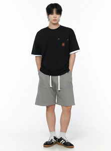 Mens Baggy Wide Leg <b>Sweat</b> <b>Shorts</b> Grey Front Patch Pockets Knee Length Bermuda Jorts Elastic Drawstring Waist Casual Lounge <b>Pants</b> - Product Image 4