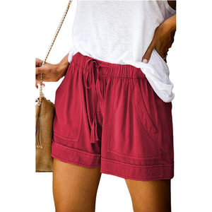 Shorts Casuales de Algodón para Mujer, Color Sólido, con Bolsillos, Cintura con Cordón, Corte Holgado, Talle Medio, Rojo - Product Image 1