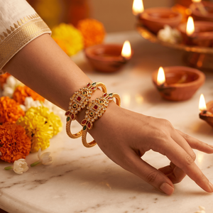 Juego de brazaletes clásicos tradicionales indios para mujer, chapados en microoro, de latón con imitación de piedra, para novias, para bodas, de diseñador. - Product Image 2