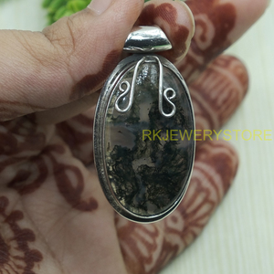 Colgante ovalado de ágata musgosa natural, plata de ley 925, hecho a mano con alambre envuelto, piedra de ágata musgosa verde, regalo de joyería para mujer - Product Image 3