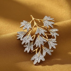 Broche de rama de hoja plateada chapado en oro de 14 quilates, estilo vintage, broche de ramo, joyería brillante para boda, broche único para mujeres y hombres - Product Image 1