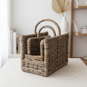 new modern minimalist wholesale rattan woven magazine holder rustic <b>wicker</b> storage basket home organizer <b>bins</b> with handles items - Product Image 3
