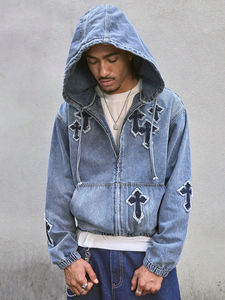 <b>Mens</b> Cross Patch Denim <b>Jacket</b> Hooded Washed Zip Up Streetwear Oversized Applique Vintage Wash Boxy Custom Print OEM Supplier - Product Image 3
