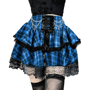 Women's <b>Mini</b> Tartan Gothic Skirt Tie Waist Lace Up Double Layered Ruffles Skirt Set with Metal Chains - Product Image 5