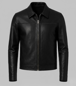 Chaqueta de Motociclista de Cuero Genuino Negro para Hombre, Cuello Camisero, Cierre de Cremallera, Manga Regular, para Otoño - Product Image 2