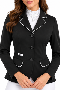 Veste d'équitation noire pour femme avec passepoil blanc, coupe ajustée, boutons sur le devant et poches à rabat pour l'équitation - Product Image 4