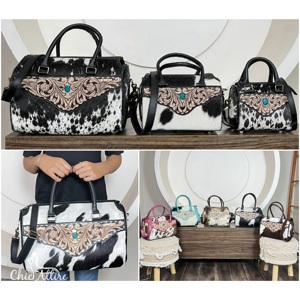 Grand sac de voyage en cuir de vachette fait main, style western, orné de motifs floraux et de pierres turquoise, sac de cowgirl pour la nuit - Product Image 1