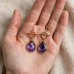 Pendientes de Lágrima de Amatista Natural con Acabado en Latón Dorado, Plateado y Oro Rosa, Aros Geométricos Colgantes, Moda Cristiana para Mujer, Venta al por Mayor - Product Image 2