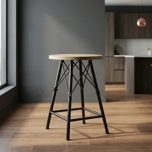 Modern Industrial <b>Stool</b> With Wood <b>Seat</b> And Metal Frame For Home Living Room Furniture - Product Image 1