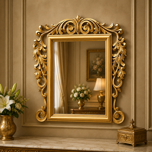 Aurelia Crest Wooden Carving <b>Wall</b> <b>Mirror</b> Handcrafted Premium Decorative Frame Elegant Vintage Bedroom Living Room Entryway Decor - Product Image 4