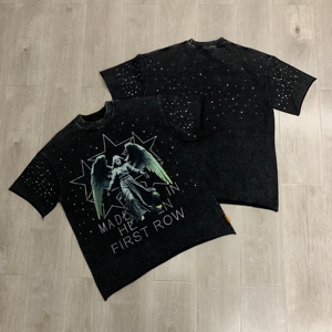 Oversized Rhinestone T <b>Shirt</b> High GSM 100% Cotton Graphic Printed DTF DTG Tee <b>Y2K</b> Streetwear Hip Hop Washed Fashion Unisex <b>Shirt</b> - Product Image 4