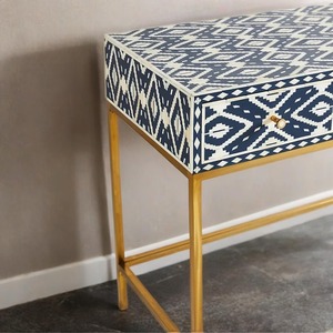 Bone Inlay <b>Console</b> <b>Table</b> With Geometric Pattern <b>Gold</b> Metal Frame Rectangular Entryway Decorative Furniture Indoor Use - Product Image 6
