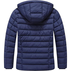 Men's Navy Blue Hooded Puffer <b>Jacket</b> Windproof Zipper Closure Polyester Winter Coat Casual Style Regular Fit - Product Image 2