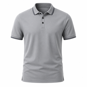 Polo de Manga Corta Gris para Hombre, Algodón Piqué, Casual, con Botones, Color Sólido, Transpirable, Tejido de Punto, Corte Regular - Product Image 1