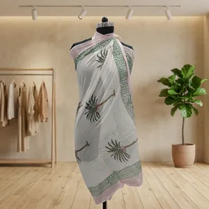 White Hand Block Printed Cotton Sarong with Green Palm Tree Motifs Lightweight Indian <b>Beach</b> <b>Wrap</b> Pareo for Women - Product Image 5