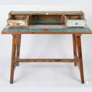 Bureau d'écriture DIVADI fait main en bois de bateau recyclé, style simple et minimaliste, écologique, antique, pour la maison ou le bureau, avec tiroirs - Product Image 4