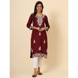 DISEÑADOR LIVA RAYON LUCKNOWI CHICKENKARI TRABAJA SOLO KURTI MAROON - Product Image 1