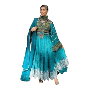 Women Salwar Kameez Floor Length Embroidered Dress Polyester Loose Fit Wedding Wear <b>Blue</b> Green Patterned Afghan kuchi Dress - Product Image 1