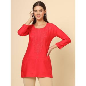 CRÉATEUR RAYON CHICKENKARI TRAVAIL SEULEMENT KURTI ROUGE - Product Image 1